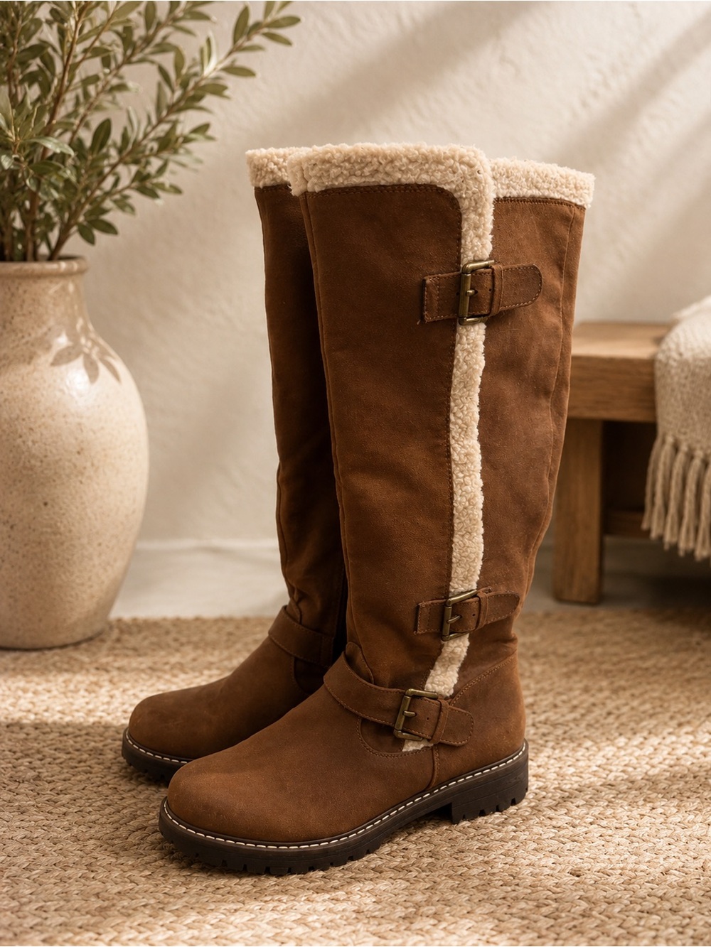 Women's Brown Sherpa-Lined Knee Boot
